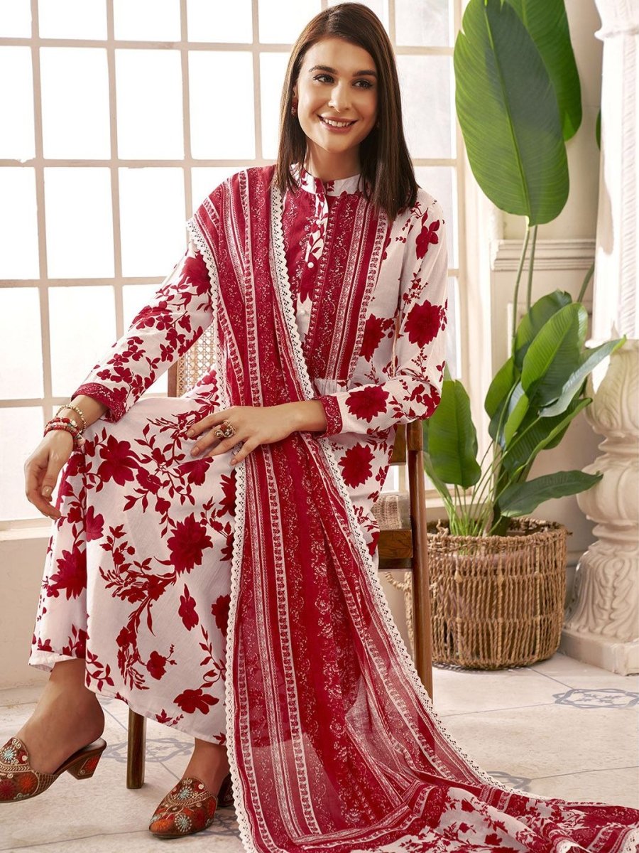 Anouk Women Floral Printed Pleated Pure Cotton Kurta with Trousers & With Dupatta - Distacart