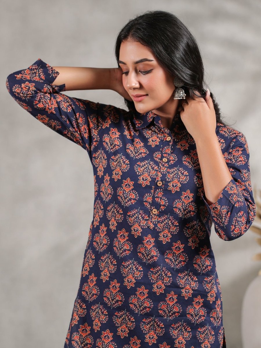 Anubhutee Ethnic Motifs Printed Shirt Collar Pure Cotton Kurta with Trousers - Distacart