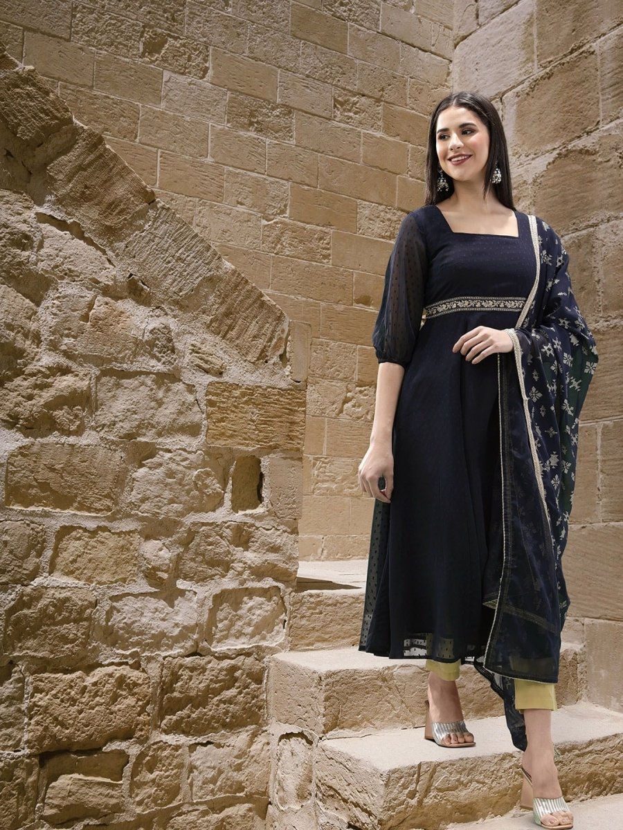All About You Square Neck Dobby Weave A-Line Kurta With Dupatta - Distacart