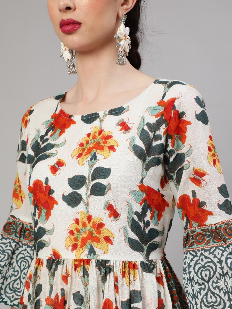 Aks Floral Printed Bell Sleeves Pleated Cotton A-Line Kurta - Distacart