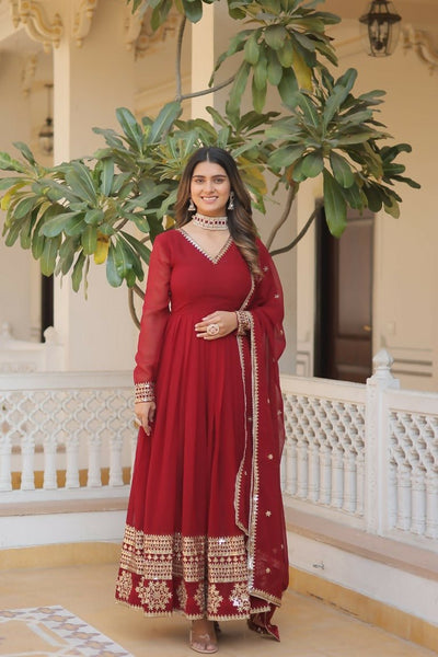 Aastha Fashion Women's Maroon Faux Georgette Sequins Embroidered Anarkali Dress with Dupatta - Distacart