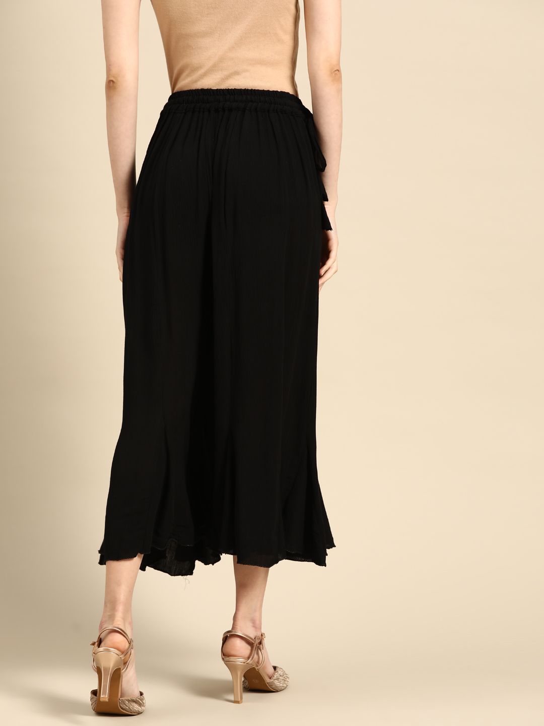 TAG 7 Women Black Solid Flared Cropped Palazzos