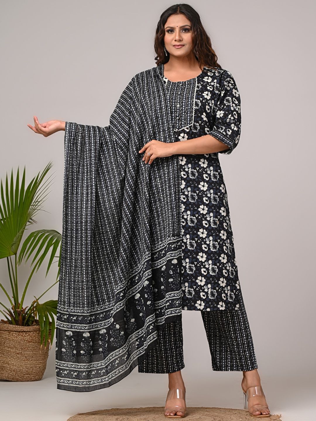 Swasti Plus Size Printed Sequinned Pure Cotton Straight Kurta With Trousers & Dupatta - Distacart