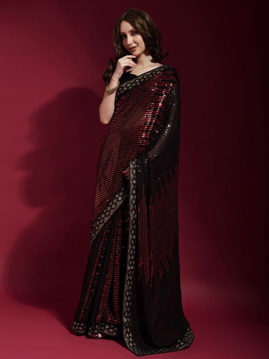 Anouk Black & Red Embellished Sequinned Pure Georgette Saree - Distacart