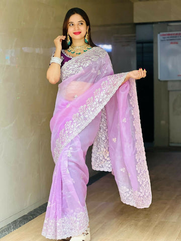 Teeya Creation New Womens Latest Party Wear Soft Organza Saree-Lavender - Dista