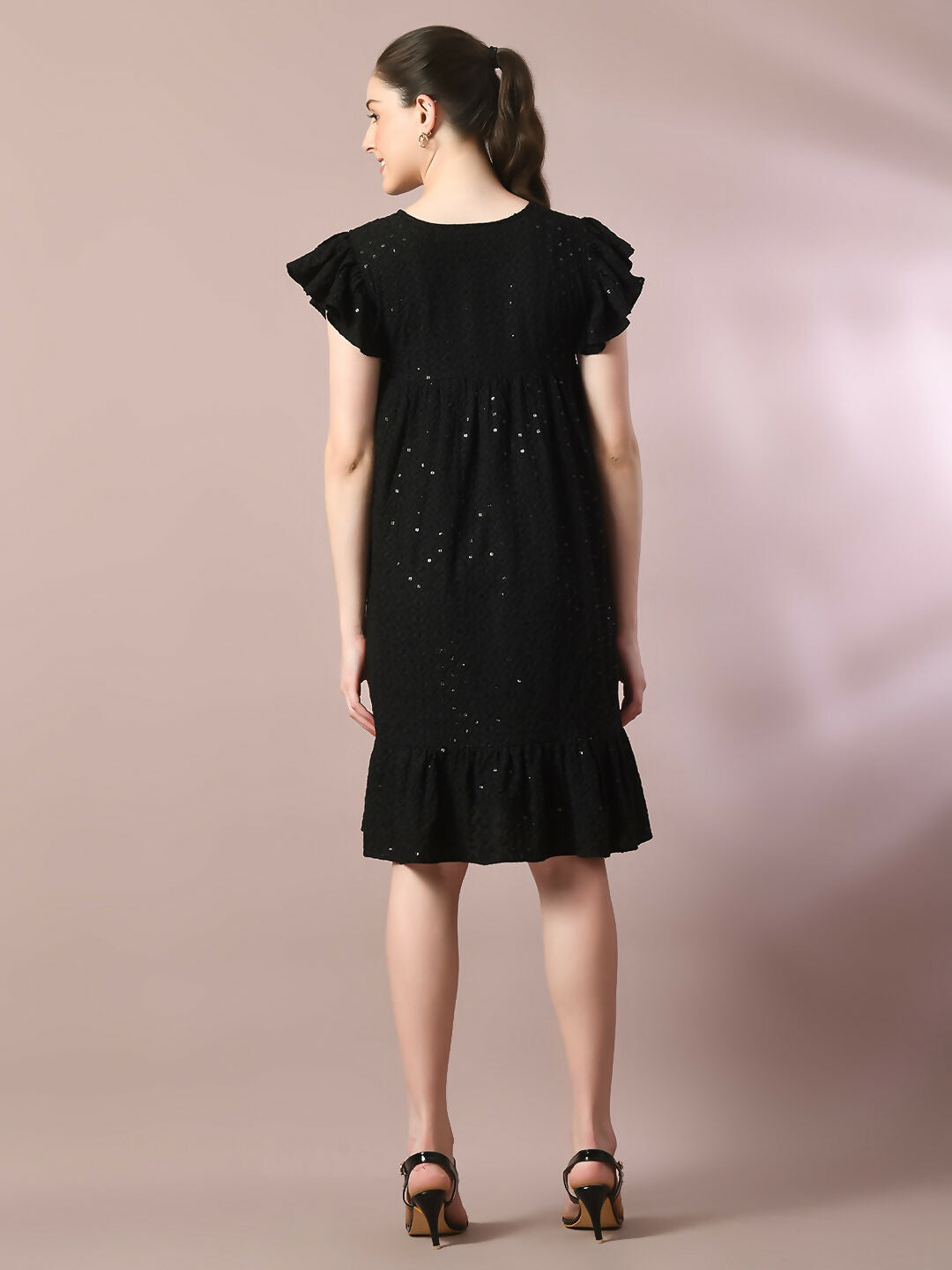 Myshka Women's Black Embroidered Cotton Round Neck A-Line Party Dress - Distacart