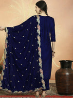 Thumbnail for Aastha Fashion Women's Navy Blue Velvet Cording with Resham Thread & Sequin Kurta with Trouser & Dupatta - Distacart