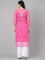 Thumbnail for ADA Women Pink & White Sheer Chikankari Embroidered Straight Handloom Kurta with Inner - Distacart
