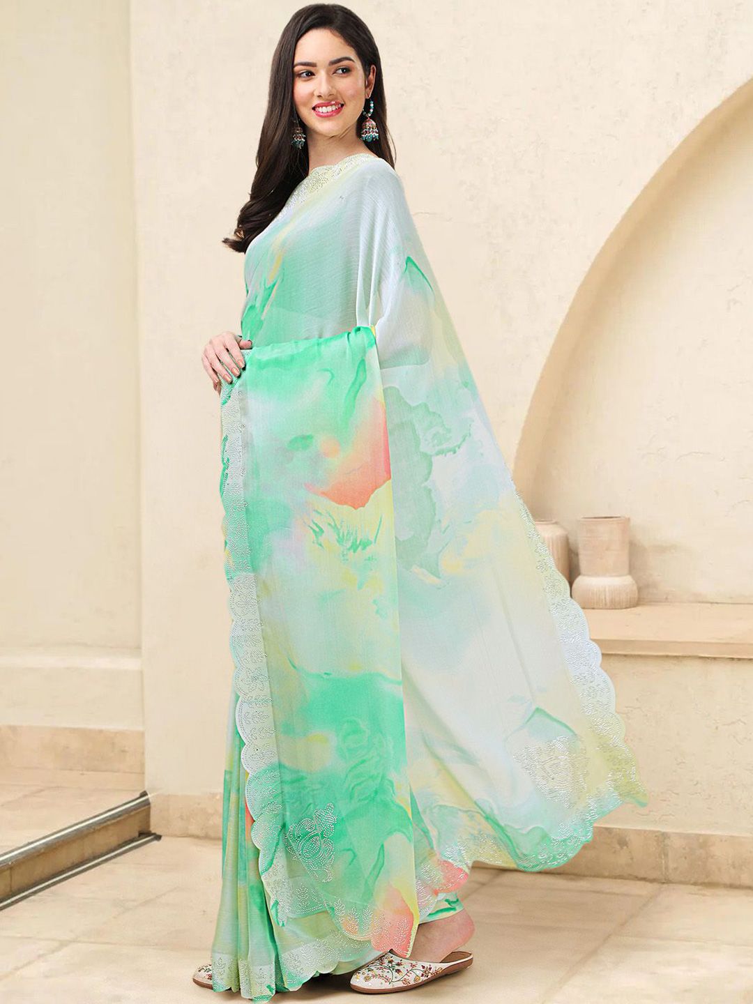 Mitera Tie and Dye Beads and Stones Poly Chiffon Ready to Wear Saree - Distacart