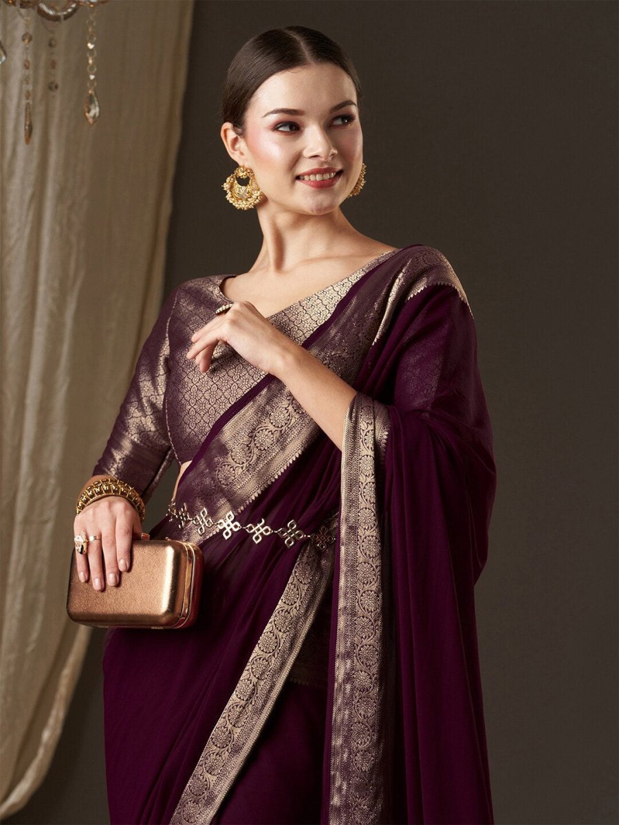 Anouk Purple & Gold-Toned Zari Pure Georgette Kanjeevaram Saree - Distacart