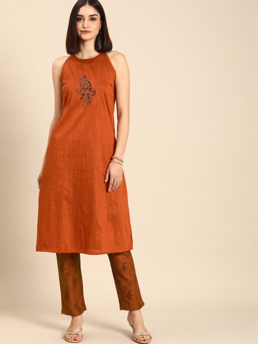 All About You Women Orange Floral Print Embroidered Regular Kurta with Trousers - Distacart
