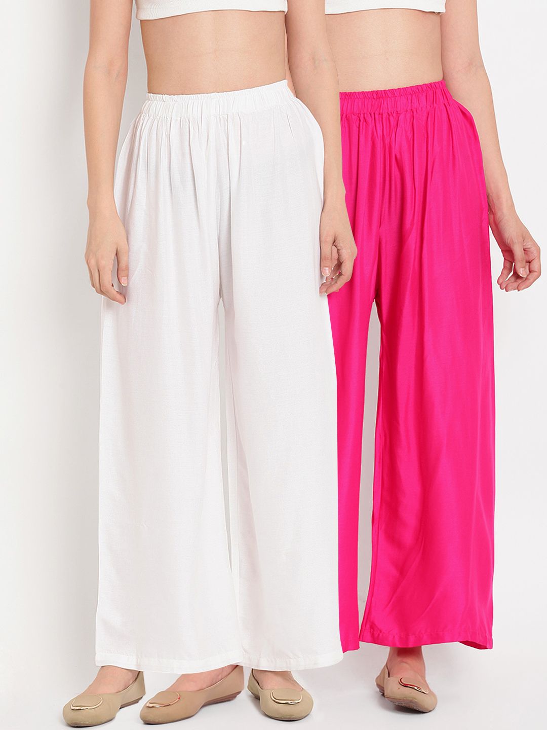 TAG 7 Women Pack Of 2 White & Pink Solid Flared Palazzos - Distacart