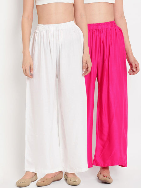 TAG 7 Women Pack Of 2 White & Pink Solid Flared Palazzos