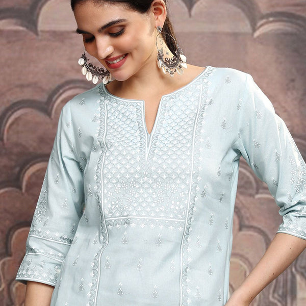 Vishudh Blue Ethnic Motifs Printed Notch Neck Straight Kurta - Distacart