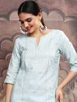 Thumbnail for Vishudh Blue Ethnic Motifs Printed Notch Neck Straight Kurta