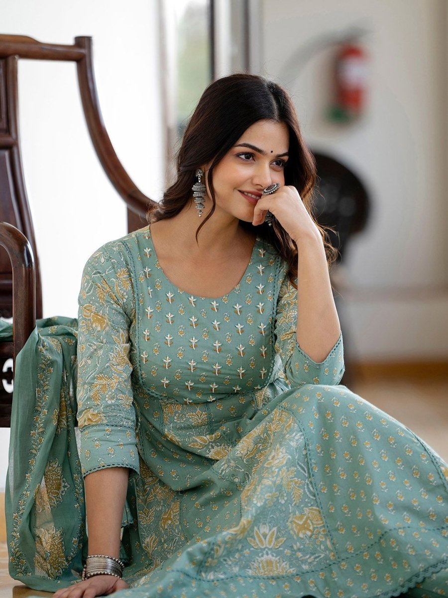 Anouk Green Floral Printed Panelled Pure Cotton Anarkali Kurta With Trousers & Dupatta