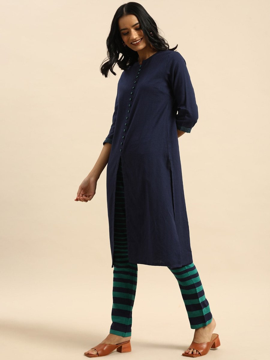 All About You Women Blue & Green Pure Cotton Kurta with Trousers - Distacart