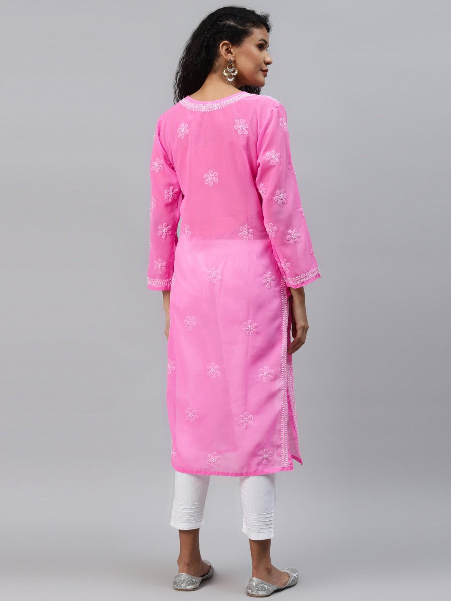 ADA Women Pink & White Ethnic Motifs Embroidered Chikankari Handloom Kurta with Trousers - Distacart