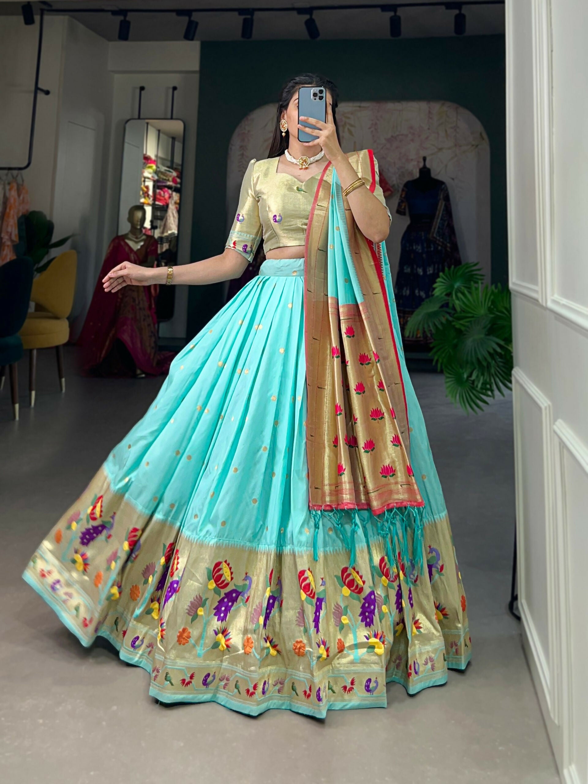 Vastranavya Traditional Jacquard Silk Paithani Lehenga Choli - Sky Blue - Distacart