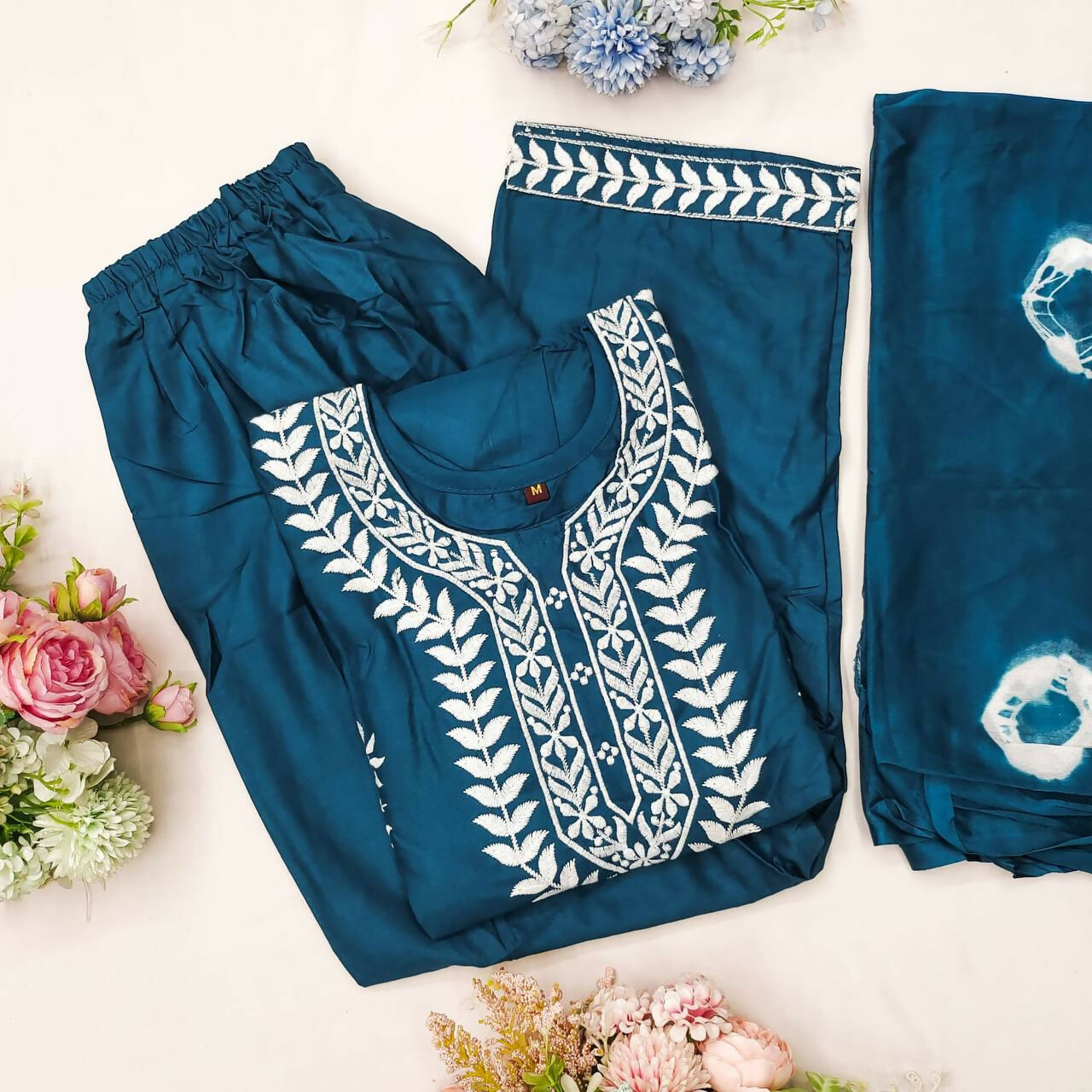 Preksha Creation Reyon Cotton Top With Chikankari Embroidery Work With Blue Women Gown With Dupatta And Pant - Blue - Distacart
