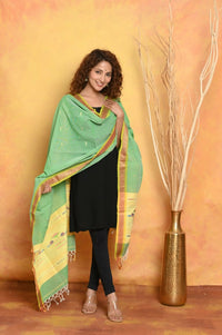 Thumbnail for Very Much Indian Handloom Pure Cotton Paithani Dupatta - Green - Distacart