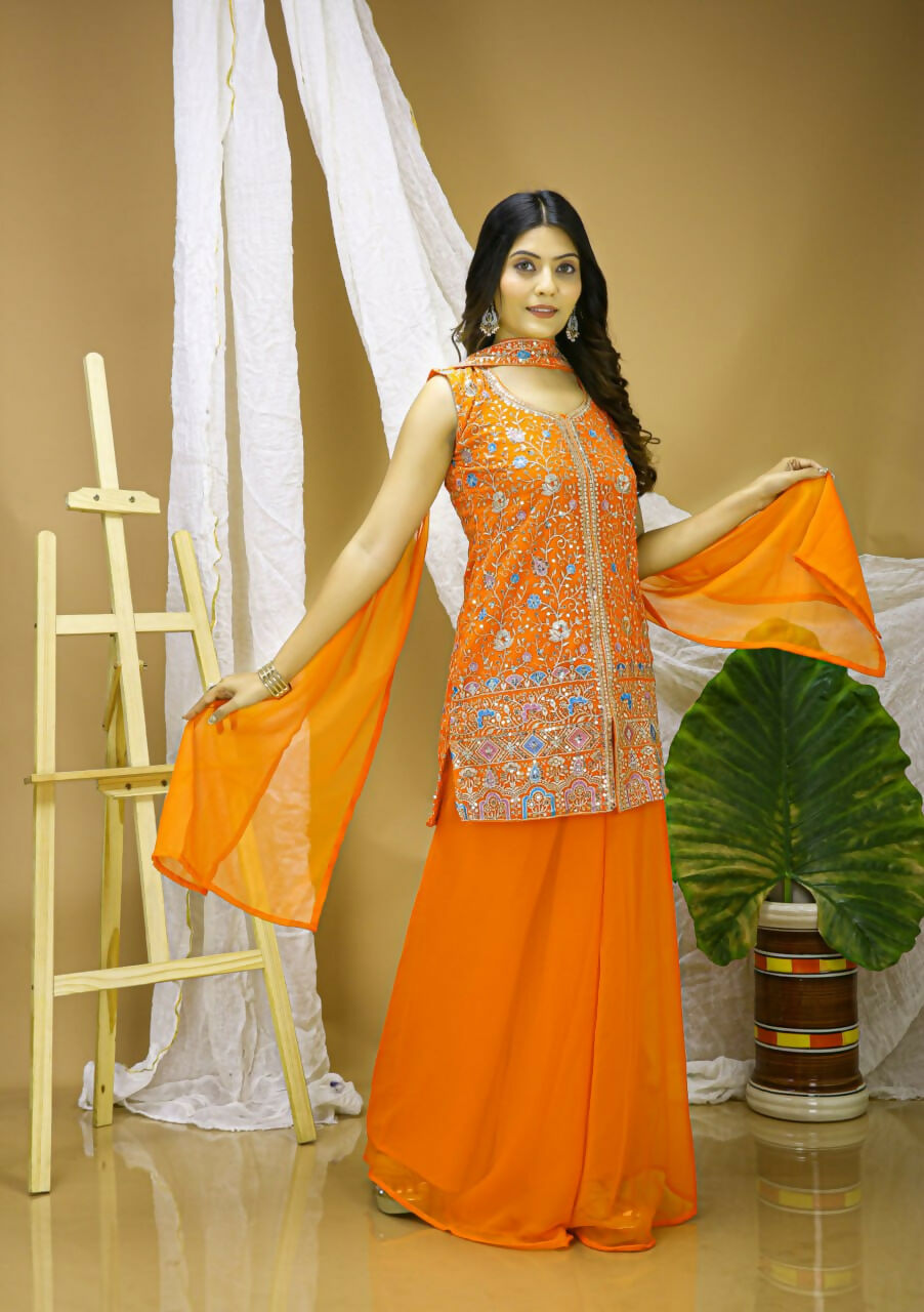 Joban Fashion Orange Georgette Embroidered Sharara Set - Distacart