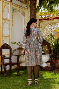 Thumbnail for Vaasva Women Olive Green Muslin Floral Print Alia cut Kurta & Pant (Cord set) - Distacart