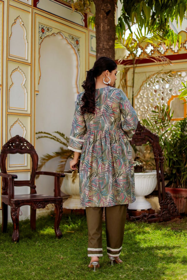Vaasva Women Olive Green Muslin Floral Print Alia cut Kurta & Pant (Cord set) - Distacart