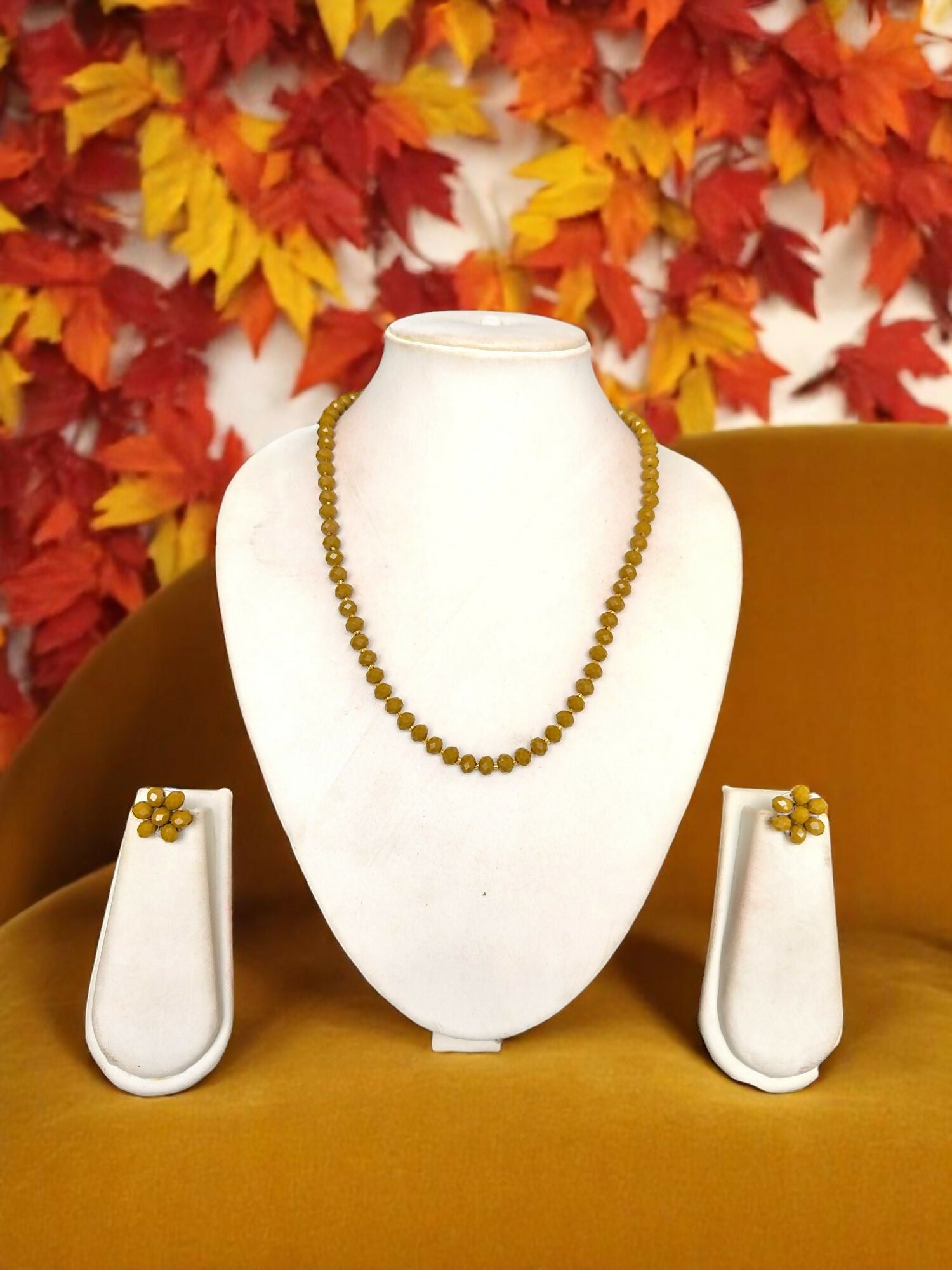 Inhanns Crystal Bloom – Single Line Necklace + Studs - Mehandi - Distacart