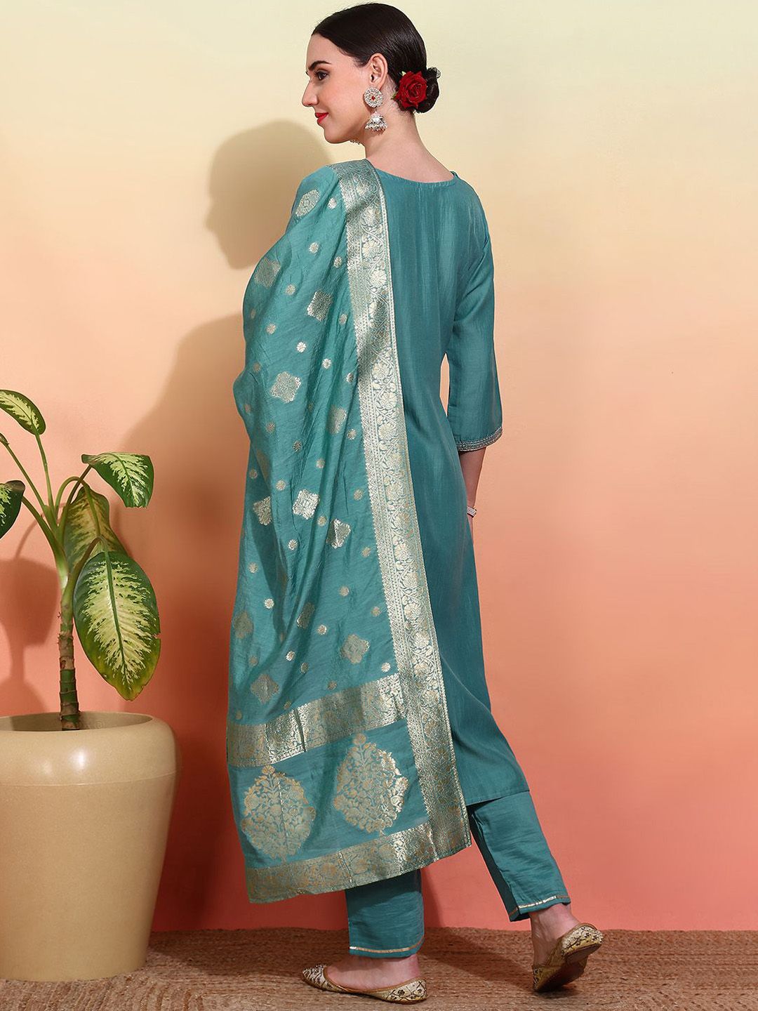 Ode by House of Pataudi Women Embroidered Regular Kurta with Trousers & With Dupatta - Distacart