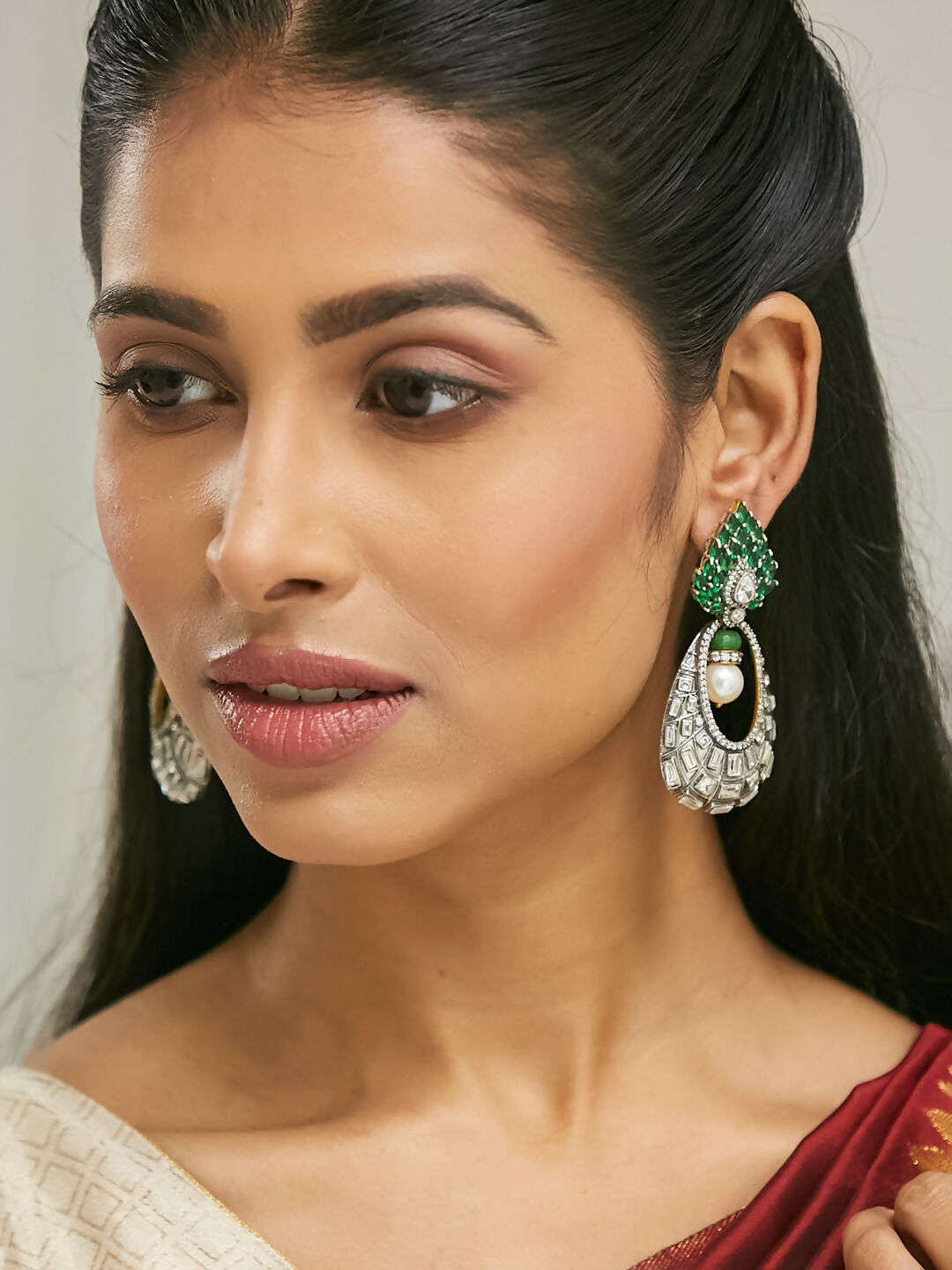 Nuyug 22K Gold-Plated Zircon Studded & Pearl Teardrop Shaped Dangler Earrings