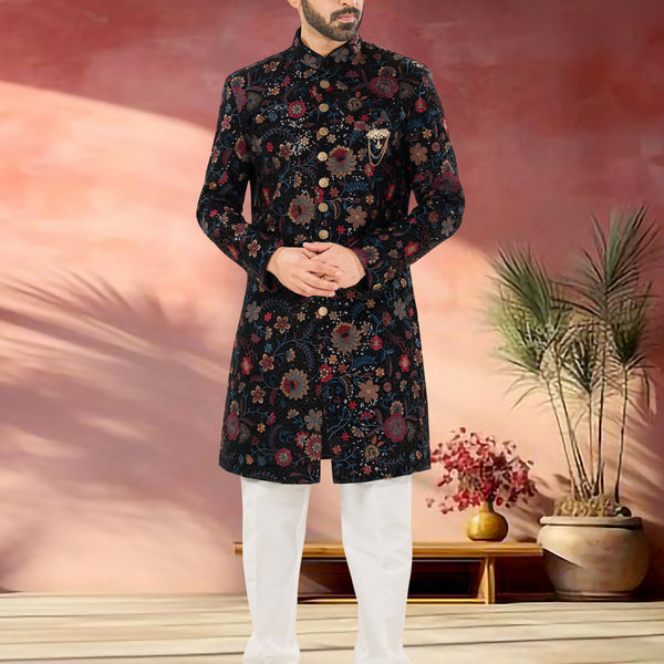 Joban Fashion Men's Blue Base Multi-Colour Straight Velvet Heavy Thread And Sequence Embroidary All Over Indo-Western Kurta Set - Distacart