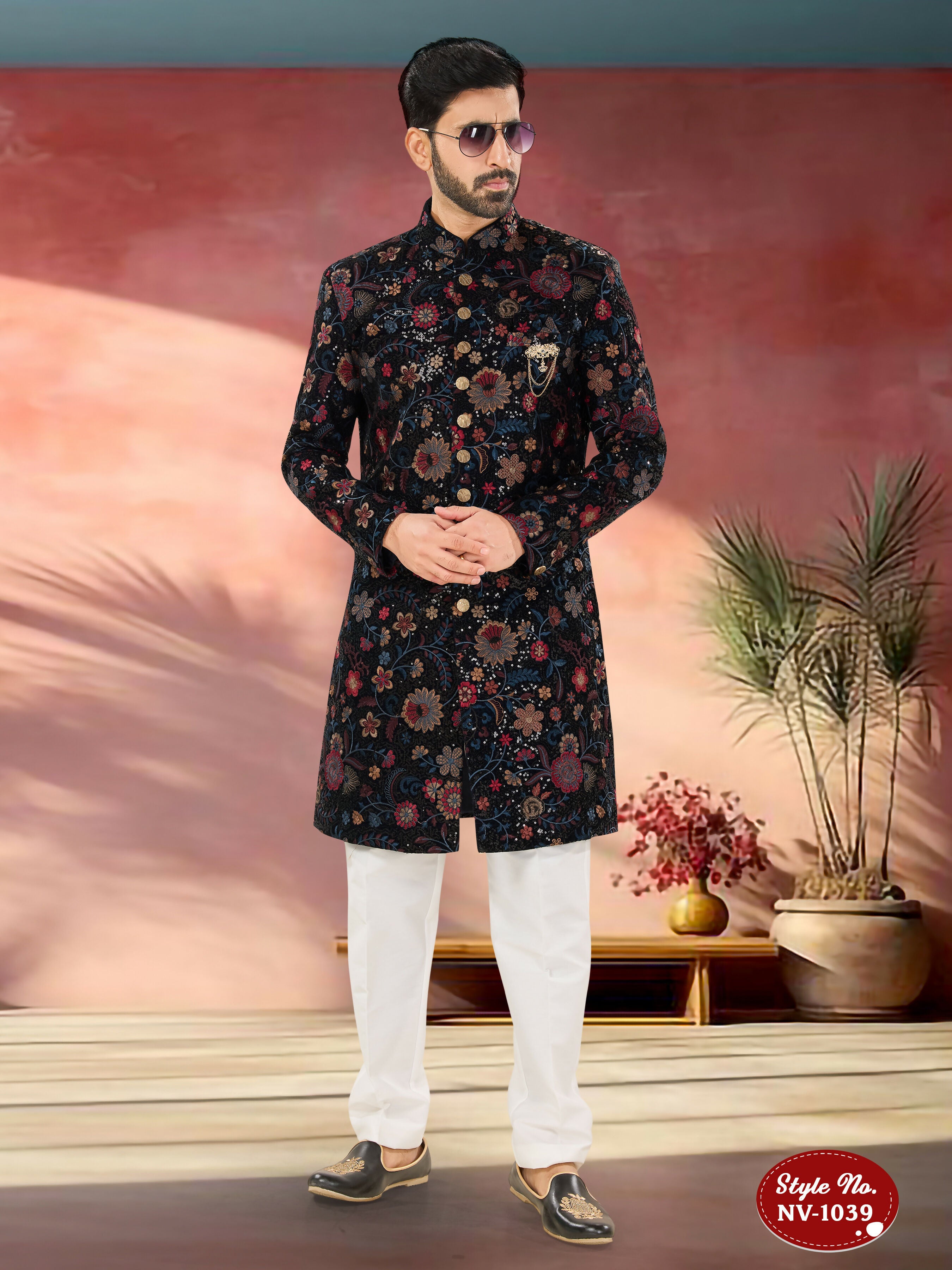 Joban Fashion Men's Blue Base Multi-Colour Straight Velvet Heavy Thread And Sequence Embroidary All Over Indo-Western Kurta Set - Distacart