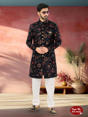 Joban Fashion Men's Blue Base Multi-Colour Straight Velvet Heavy Thread And Sequence Embroidary All Over Indo-Western Kurta Set - Distacart