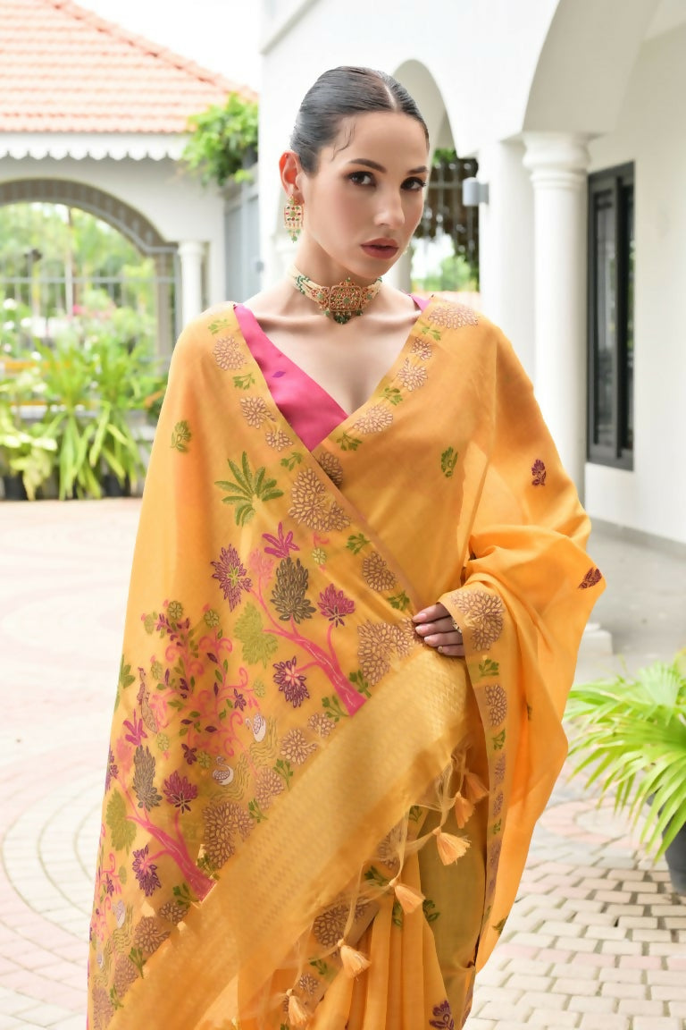 Vishnu Weaves Women's Yellow Muga Cotton Thread Weaving Saree with Blouse