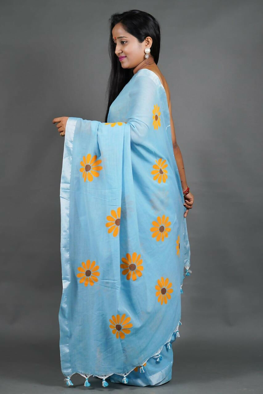 Exclusive Collection Sky Pure Cotton Saree With Sunflower Design