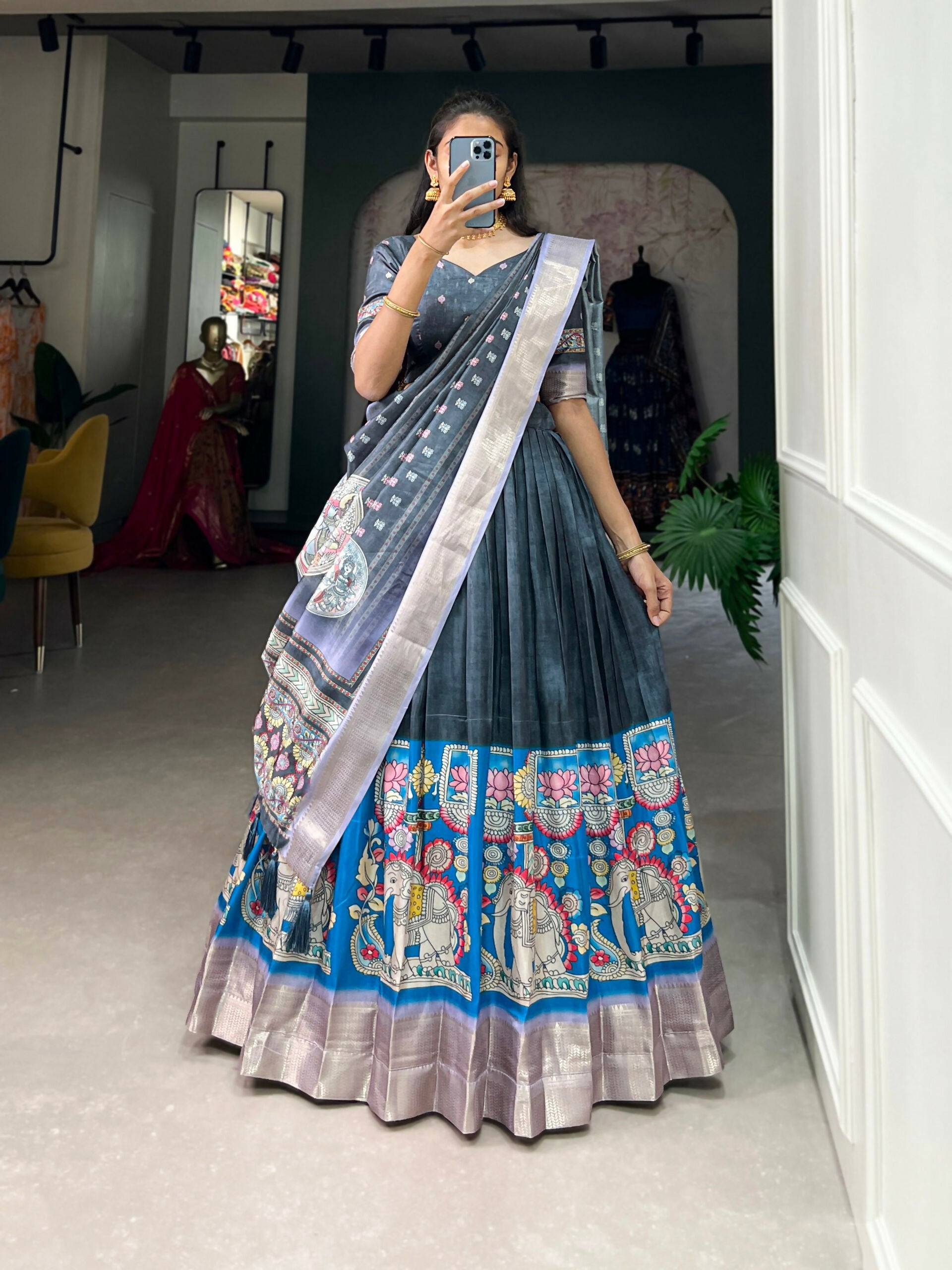 Vastranavya Kalamkari Print With Weaving Border Lehenga with Unstitched Blouse - Sae Green - Distacart