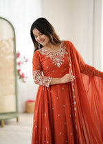 Thumbnail for Teeya Creation Orange Color Faux georgette Embroidery Work Wedding Wear Gown