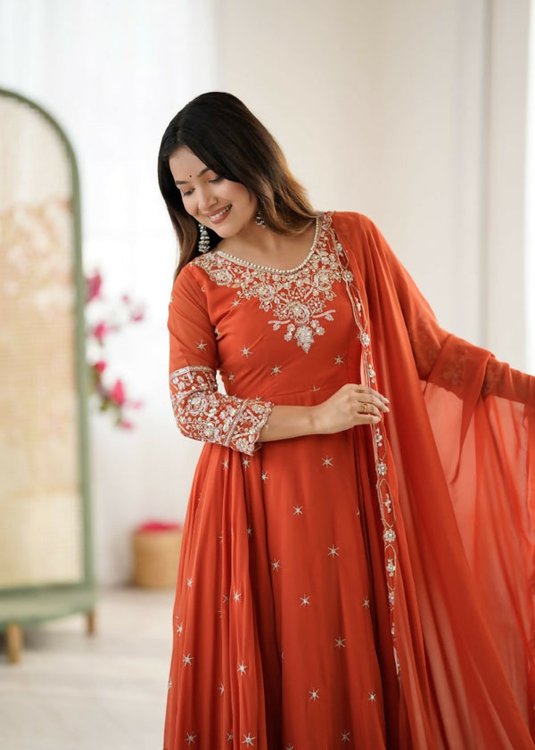 Teeya Creation Orange Color Faux georgette Embroidery Work Wedding Wear Gown