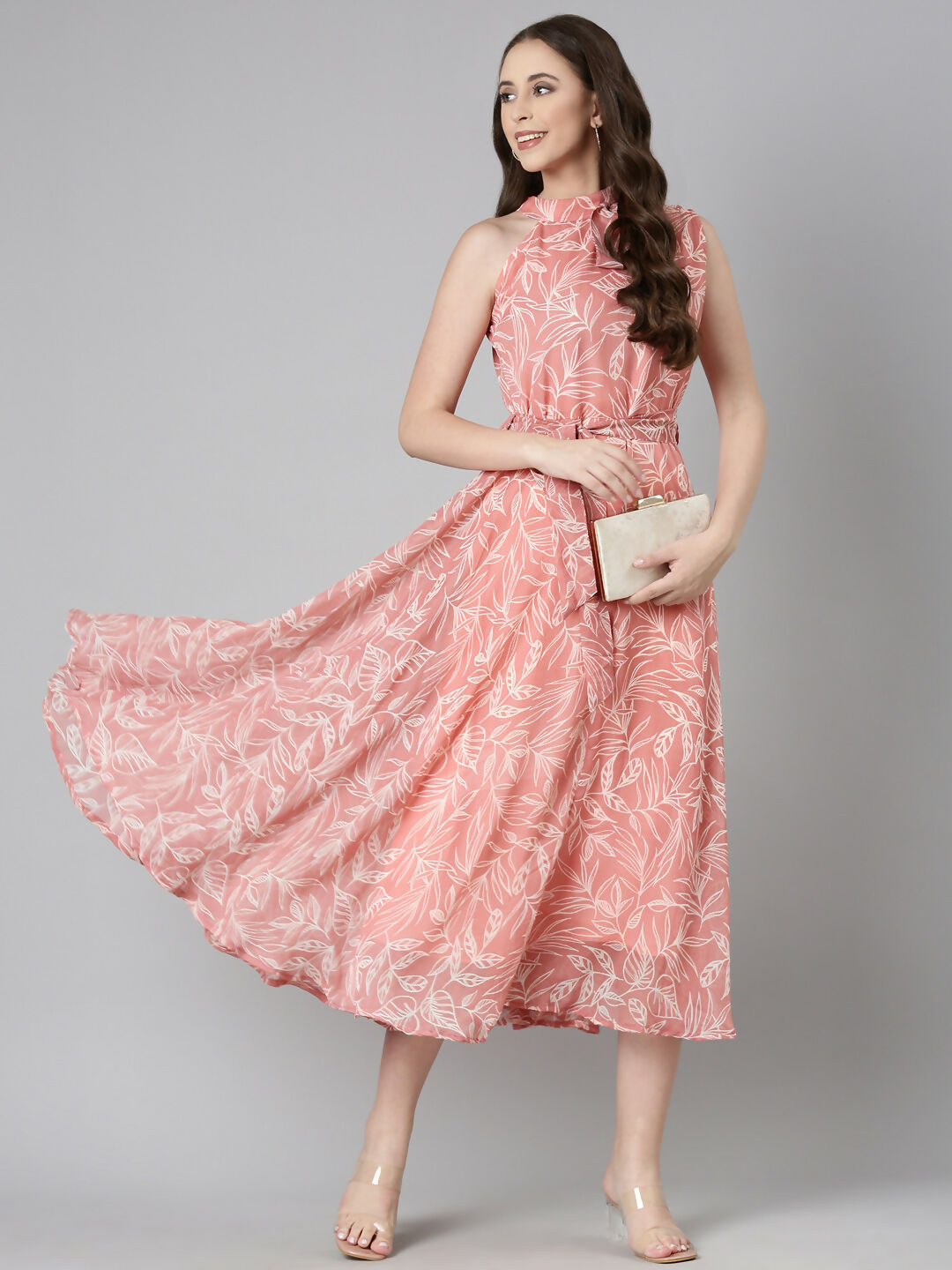 Souchii Peach Floral Chiffon Dress