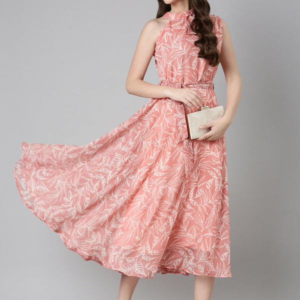 Souchii Peach Floral Chiffon Dress