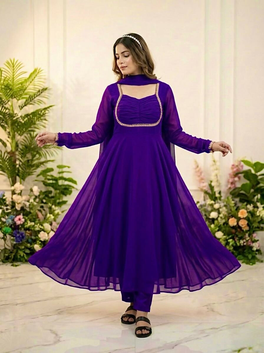 Teeya Creation Womens New Fancy Silk Heavy Quality Fabric With Handwork Purple Gown Set - Dista