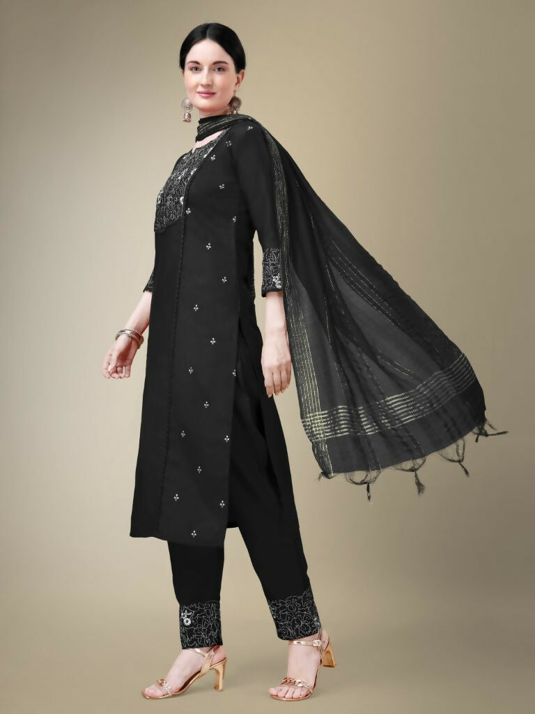 Jyoti Fashion Women's Black Cotton Blend Embroidery & Fancy Lace work Kurta with Trouser & Dupatta - Distacart