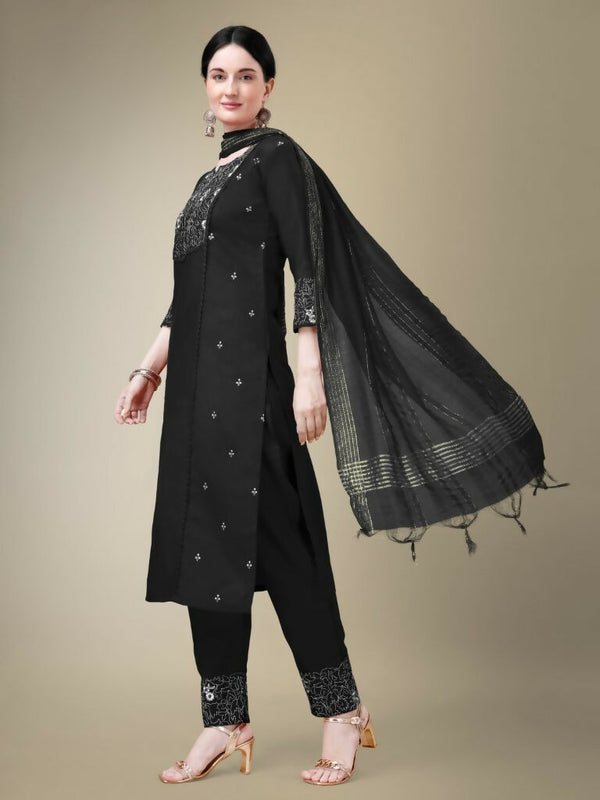 Jyoti Fashion Women's Black Cotton Blend Embroidery & Fancy Lace work Kurta with Trouser & Dupatta - Distacart