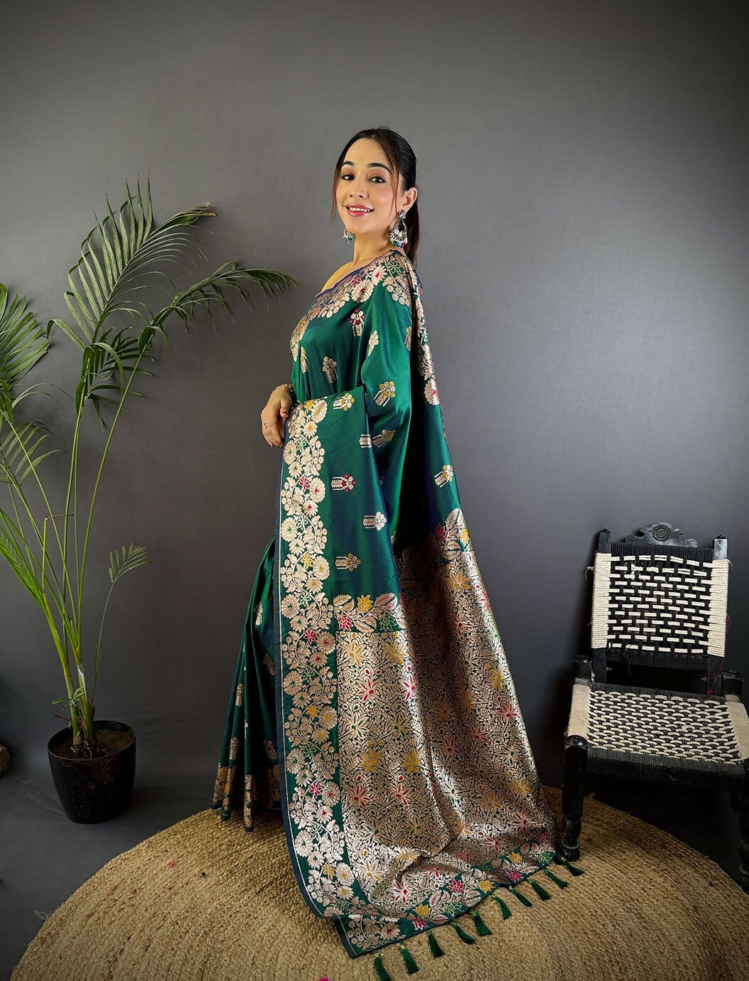 Joban Fashion Meenakari Teal Green Woven Soft Silk Saree