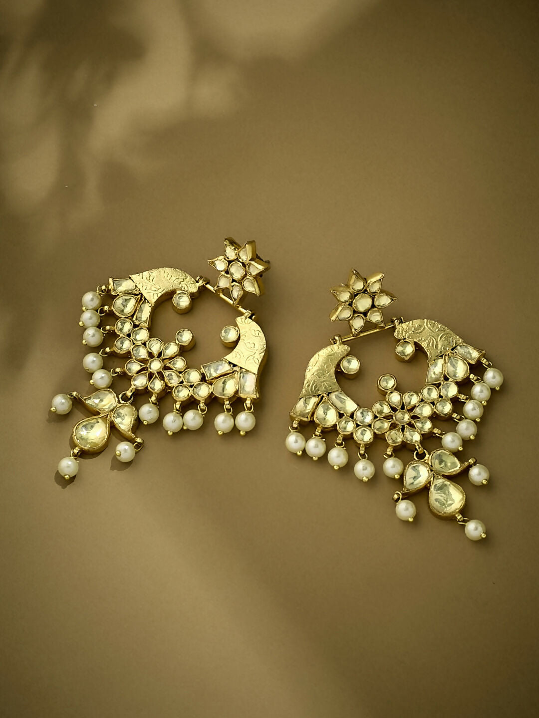 Nuyug 22K Gold-Plated Kundan and Pearl Earrings with Floral Stud and Intricate Crescent Design Chandbalis