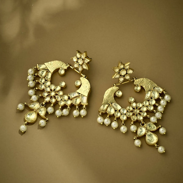 Nuyug 22K Gold-Plated Kundan and Pearl Earrings with Floral Stud and Intricate Crescent Design Chandbalis