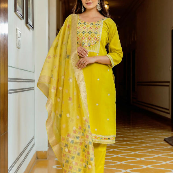The52 Yellow Women's Beautiful Embroidered Viscose Shimmer Fabric with Straight Kurta, Pant and Dupatta Set - Distacart