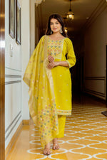 Thumbnail for The52 Yellow Women's Beautiful Embroidered Viscose Shimmer Fabric with Straight Kurta, Pant and Dupatta Set - Distacart