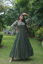 Thumbnail for Jyoti Fashion Women's Mehendi Sequins Zari Embroidered Faux Georgette Anarkali Dress - Distacart